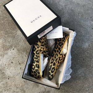 Gucci leopard print jacquard loafers flats EU 41 US 10.5 gold black designer